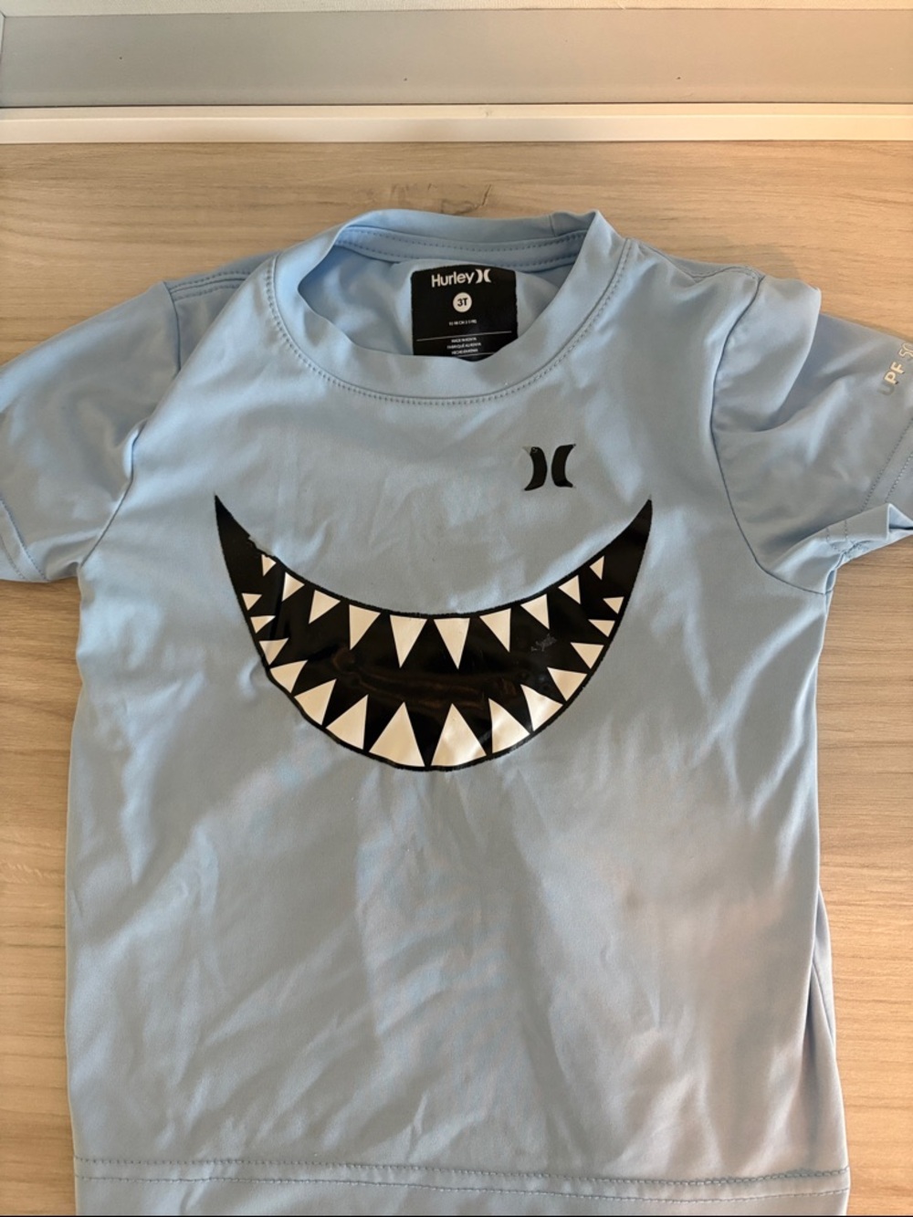 Hurley Light Blue Kids Short Sleeve Rashguard with Shark Tooth Graphic